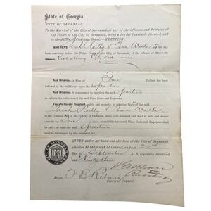 Antique 1893 Ordinance Violation Judgement Court Paper‎ Savanah GA Ephemera